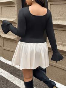 SHEIN Frenchy 大码返校节秋季优雅拼接拼色紧身荷叶边女式连衣裙 - 彩色 - 查看 2