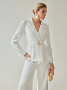 MOTF PREMIUM 纯色尖领垂褶下摆系腰带西装外套 - 白色 - 查看 6