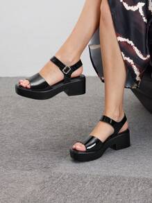 CUCCOO BIZCHIC Women's Fashion Black Square Toe Rhinestone Buckle Casual Sandals Christmas