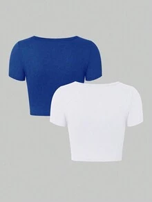 SHEIN Unity Áo thun nữ cổ tròn tay ngắn, dáng ôm quyến rũ, áo phông mùa hè - Xanh đậm - Xem 2