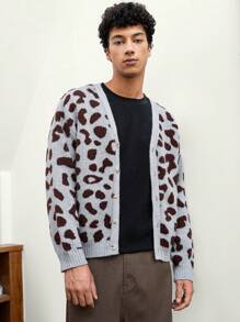 Manfinity VCAY Men's Casual Loose Fit Leopard Print Long Sleeve Cardigan Sweater, For Fall Winter - Multicolor - View 6