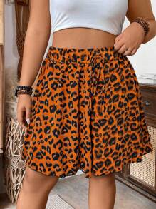 Breezaya Plus Size Leopard Print Paper Bag Waist Tie Casual Vacation Shorts