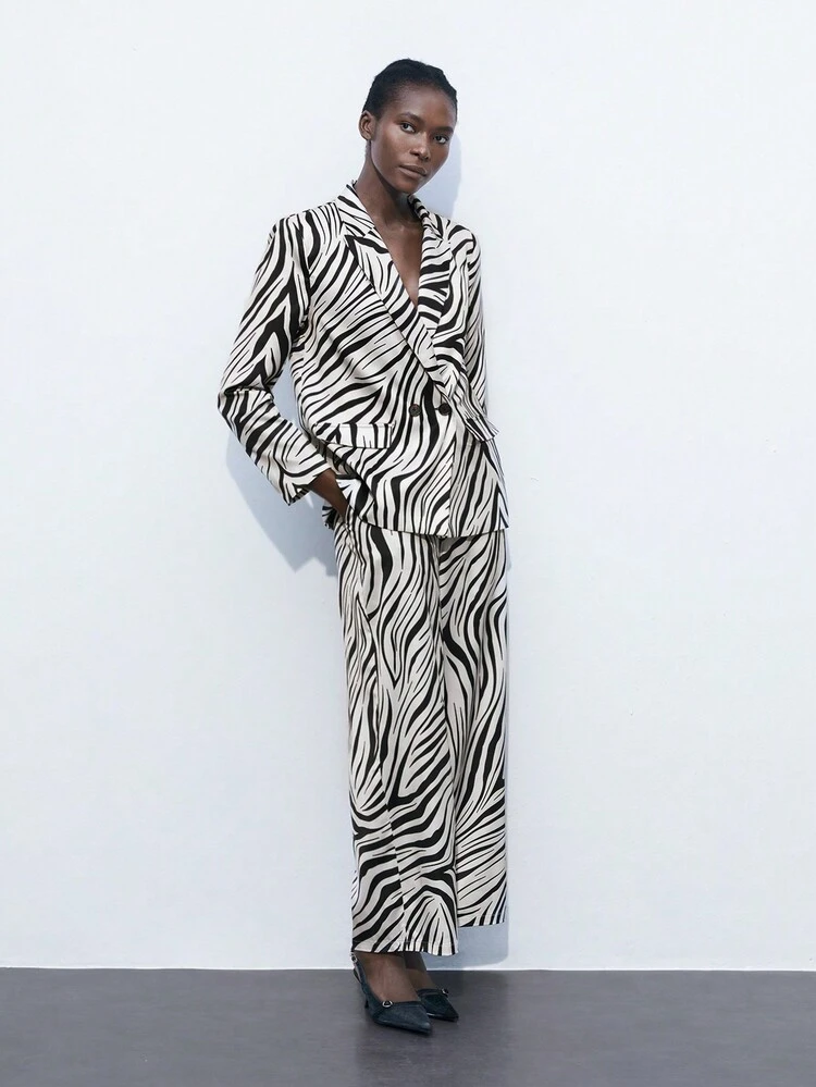 SHEIN Maija Women's Zebra Print Pockets Straight-Leg Loose Commuter Pants