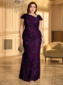 UNITHORSE Đầm dạ hội cỡ lớn đính sequin xếp ly cổ bất đối xứng, thích hợp dự tiệc, đám cưới, dạ tiệc, cô dâu, sinh nhật, lễ phục tốt nghiệp. - Màu tím - Xem 1