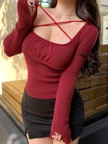 DAZY Suéter de cuello anudado para mujer, ropa de otoño para volver a la escuela y fiestas