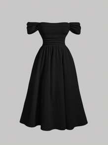 SHEIN MOD Plus Size Black Off Shoulder Ruffle Dress, Summer,Birthday Dresses For Women - Black - View 1