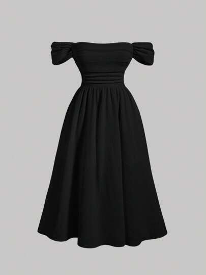 SHEIN MOD Plus Size Black Off Shoulder Ruffle Dress, Summer,Birthday Dresses For Women