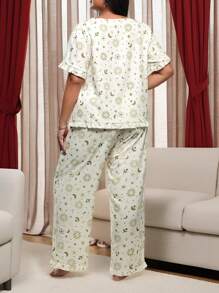 Brenda Ramalho Artist Plus Size Vacation Pajama Set, Square Neck Short Sleeve Top And All-Over Print Pants,Women Clothes,For Summer, Holiday