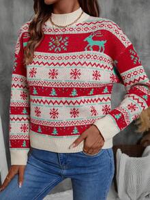 Chiquease Christmas Elk Pattern Long Sleeve Color Block Sweater, Casual Daily Wear - Multicolor - View 5