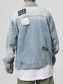 Manfinity Roughcore Jaket Denim Lengan Panjang Pria Warna Polos dengan Saku Tempel dan Kancing Depan - Biru - View 2