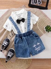 Summer New Baby Boy Gentleman Short Sleeve Shirt And Cool Denim Shorts Set - Blue and White - View 1