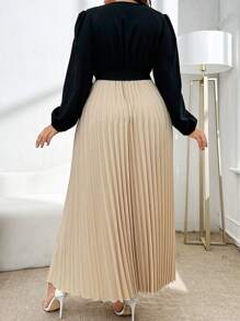 Mulvari 大码女式春秋撞色甜心领灯笼袖褶边优雅连衣裙，朴素连衣裙，适合日常休闲/度假/婚礼派对/晚会