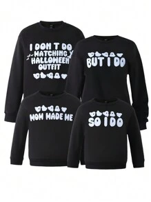 1 szt. Czarna młodzieżowa chłopięca swobodna zabawna słodka duch i tekst graficzny termiczna podszewka opadająca na ramiona gruba bluza, odpowiednia na co dzień, imprezę, Halloween, jesień i zimę