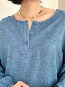 FRIFUL Áo sơ mi dài tay trễ vai dáng rộng vừa vặn dành cho nữ, mùa xuân và mùa hè - Màu xanh lam - Xem 5