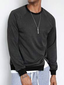Manfinity Homme Men's Round Neck Raglan Sleeve Loose Casual Sweatshirt, Spring Autumn - Black - View 3