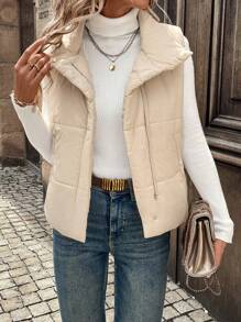 SHEIN LUNE Áo khoác vest đệm cho nữ có lớp lót rộng, cổ đứng và khóa kéo mở phía trước - Màu be - Xem 5