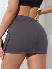 SHEIN PETITE 女士纽扣腰带侧袋时尚牛仔迷你裙 - 灰色 - 查看 3