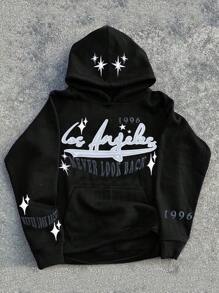 Manfinity EMRG Áo hoodie dài tay họa tiết ngôi sao và chữ cái thường ngày dành cho nam, Áo hoodie dài tay họa tiết, Dành tặng bạn bè, chồng, quà tặng bạn trai, Áo hoodie họa tiết, Áo hoodie nam, Áo hoodie Los Angeles - màu đen - Xem 1