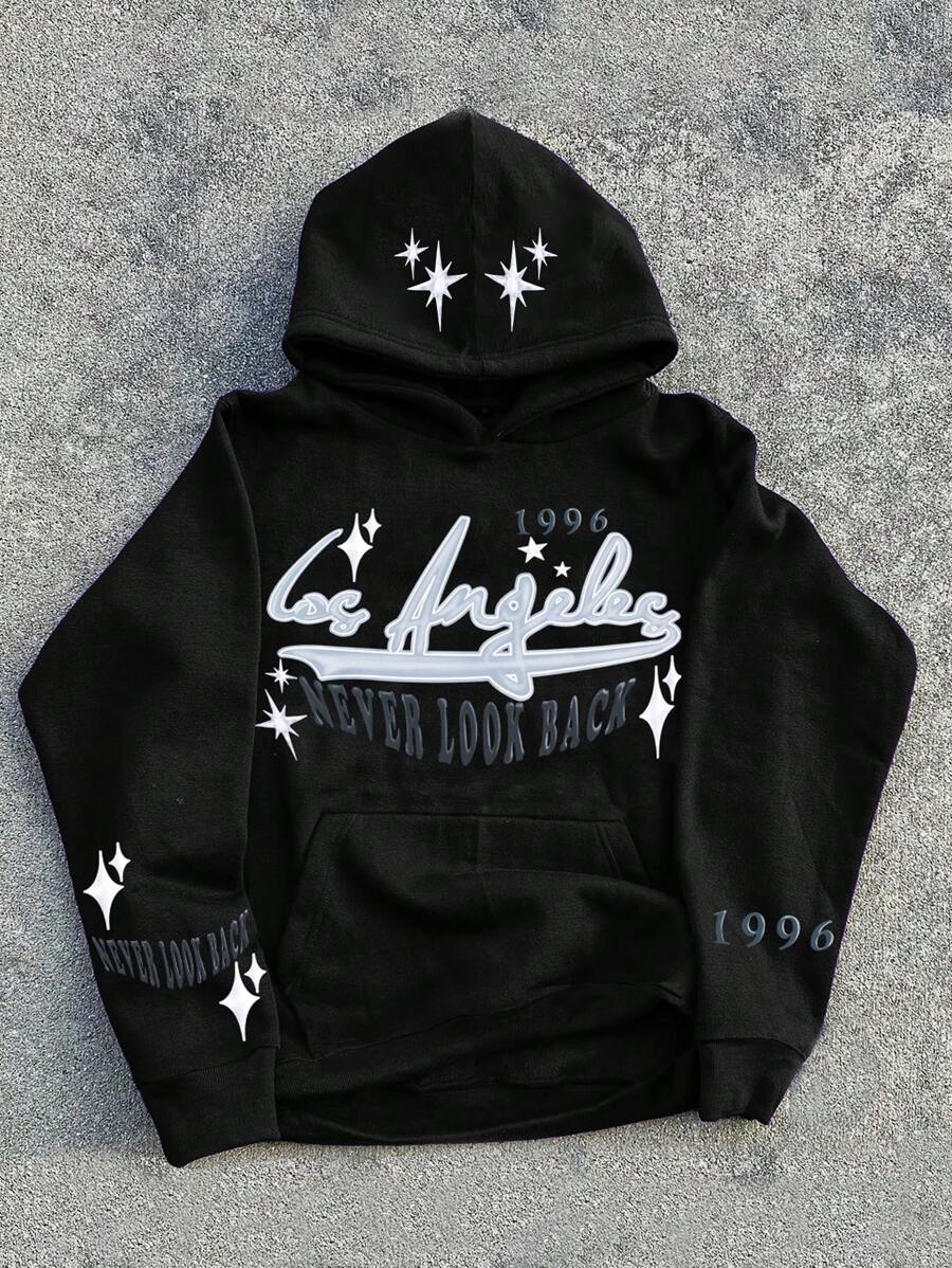 Manfinity EMRG Áo hoodie dài tay họa tiết ngôi sao và chữ cái thường ngày dành cho nam, Áo hoodie dài tay họa tiết, Dành tặng bạn bè, chồng, quà tặng bạn trai, Áo hoodie họa tiết, Áo hoodie nam, Áo hoodie Los Angeles - màu đen - Xem 1