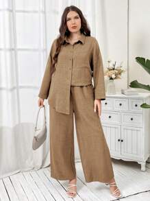 Mulvari 2 piezas Conjunto casual holgado de camisa de manga larga de hombros caídos y pantalones de unicolor para mujer talla grande, primavera y otoño