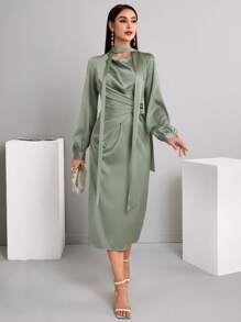 Modelyn 女士优雅纯色灯笼袖裹身裙春秋长款晚礼服