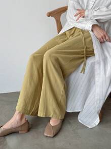 FRIFUL Women's Solid Color Drawstring Pocket Casual Pants Linen - Yellow - View 6