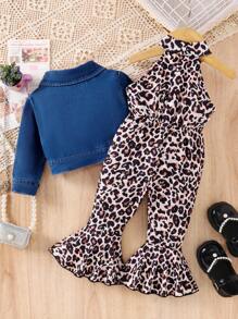 SHEIN Baby Girl Solid Color Front Buttoned Long Sleeve Denim Jacket + Leopard Printed Suspender Pants Set With Necktie - Multicolor - View 2