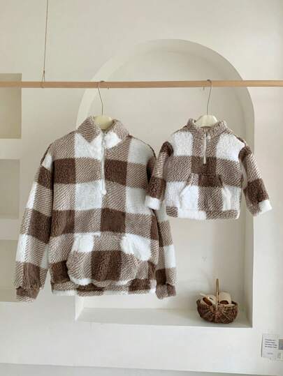 SHEIN Mommy And Me Matching Outfits - Baby Girl Warm Fuzzy Plaid Hooded Zip-Up Sweatshirt For Outdoor, Autumn/Winter (Sold Separately), For Christmas