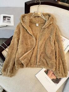 Áo len dệt kim có mũ trùm đầu màu trơn thường ngày của cô gái Tween, mùa thu đông - Màu Khaki - Xem 5