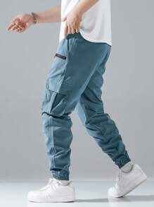 Manfinity EZcore Loose Fit Men's Flap Pocket Side Drawstring Waist Cargo Pants, Fall - Baby Blue - View 3