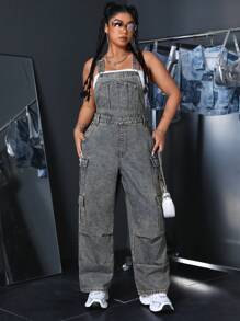 SHEIN ICON Spodnie ogrodniczki jeansowe z luźnym krojem i wieloma kieszeniami, codzienne, na lato