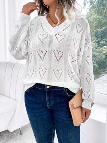 SHEIN LUNE Sweater Rajut Berlubang Leher V Ukuran Besar, Musim Semi, Gugur, Musim Dingin - Putih - View 1