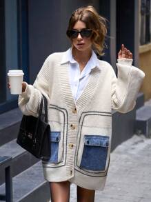 EURMUSE 女士针织开衫配牛仔细节口袋秋冬外套夹克 - 杏色 - 查看 3