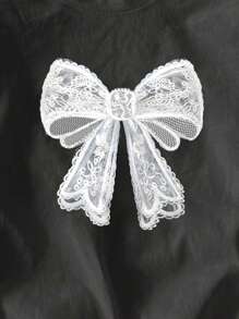 Attitoon Casual White Lace Butterfly Decor Dark Gray Round Neck Short Sleeve Loose T-Shirt For Women, Cotton Blended, Suitable For Summer