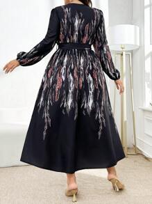 Modelyn Plus Size Long Sleeve Allover Print Tie Front Dress, Casual Resort, Elegant Party Evening A Line Dresses Maxi Women Outfit Long Evening Dresses - Multicolor - View 2
