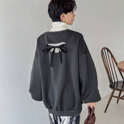 여성용 캐주얼 두꺼운 스웨트셔츠, 리본 백, 루즈핏, 가을/겨울용, 긴팔 탑, 써멀 라이닝