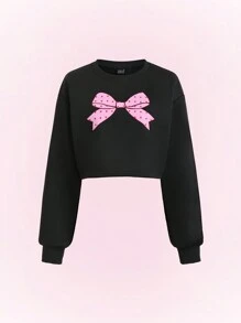 SHEIN Unity 女士圆领落肩长袖短款蝴蝶结印花卫衣，春秋季套头衫 - 黑色 - 查看 1