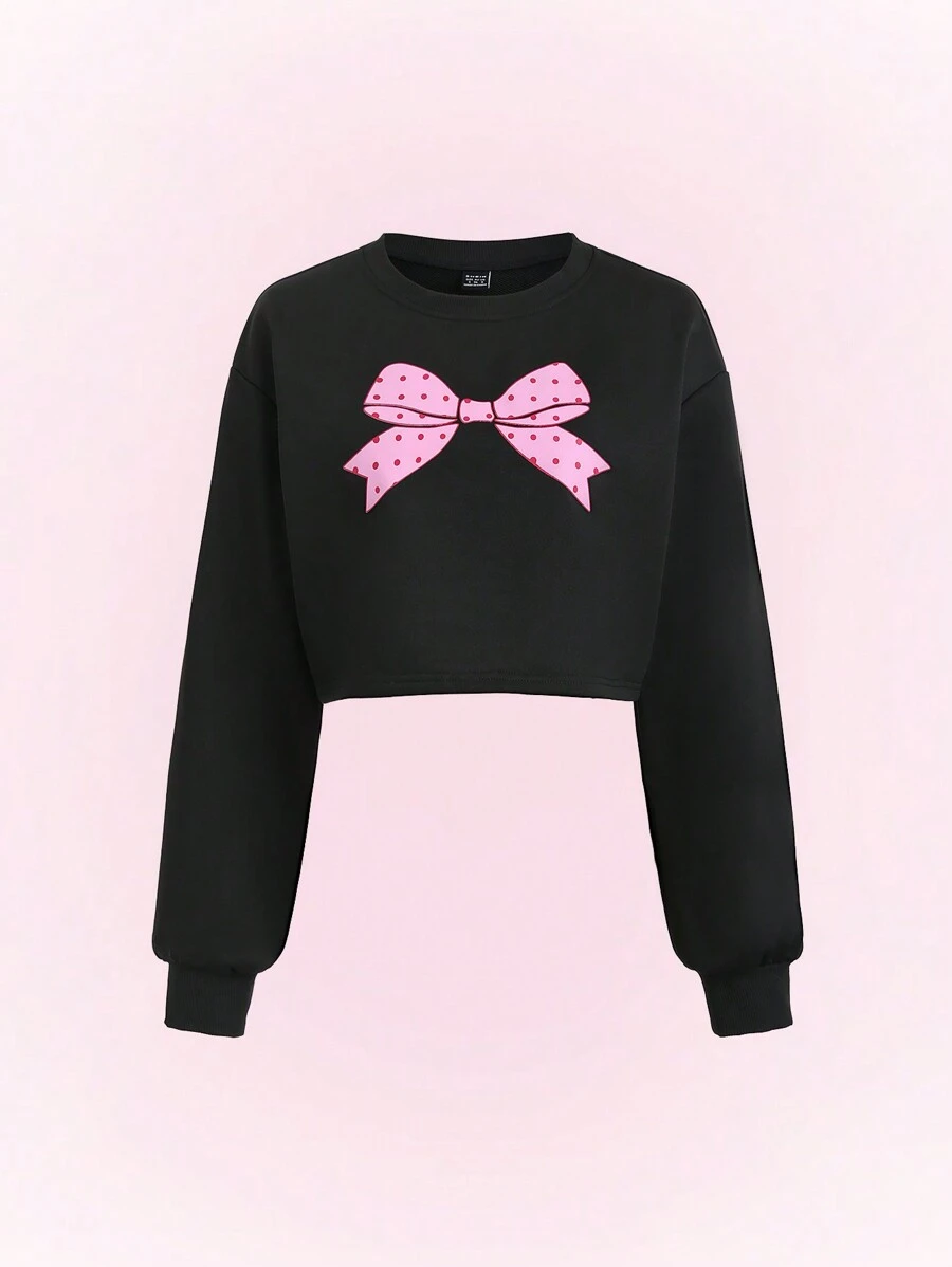 SHEIN Unity 女士圆领落肩长袖短款蝴蝶结印花卫衣，春秋季套头衫 - 黑色 - 查看 1