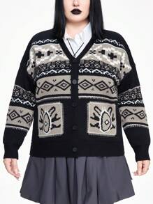 ROMWE Academia Plus Size Retro Black & Gray Jacquard Patterned Cardigan - Black - View 6