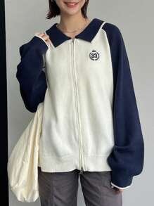 FRIFUL 女式字母印花拼色长袖拉链休闲开衫，秋冬