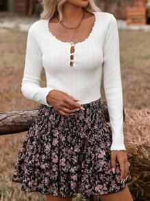 SHEIN VCAY Solid Color Hollow Out Ruffle Hem Simple Sweater, Casual Dailywear,Fall Women Outfits,Fall Sweaters - White - View 6