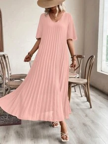 SHEIN LUNE Kỳ nghỉ hè cho nữ Váy ngắn tay cổ chữ V màu trơn xếp ly dài dáng rộng - Bụi hồng - Xem 1