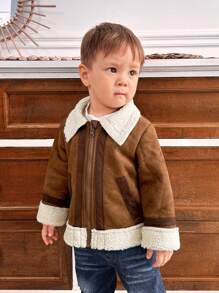 SHEIN 男婴复古仿皮厚羊毛夹克，适合秋冬季 - 棕色 - 查看 3