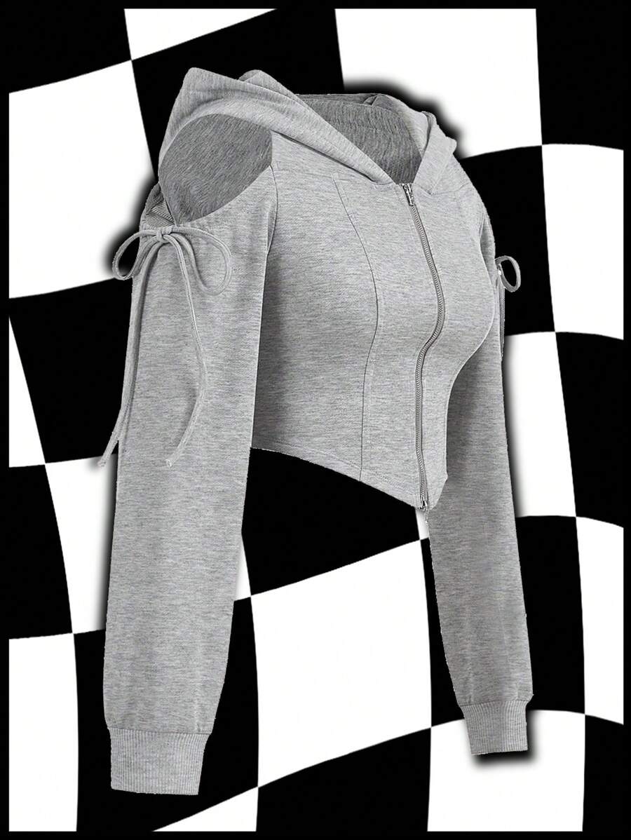SHEINNeu Women Essentials Pullover Hoodie, Suitable For Fall, Back To School, Winter - Grey - View 1