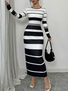 Selianne Vestido midi de punto ajustado de manga larga a rayas elegante para mujer, conjunto de atuendo para mujer - Blanco y Negro - Ver 1
