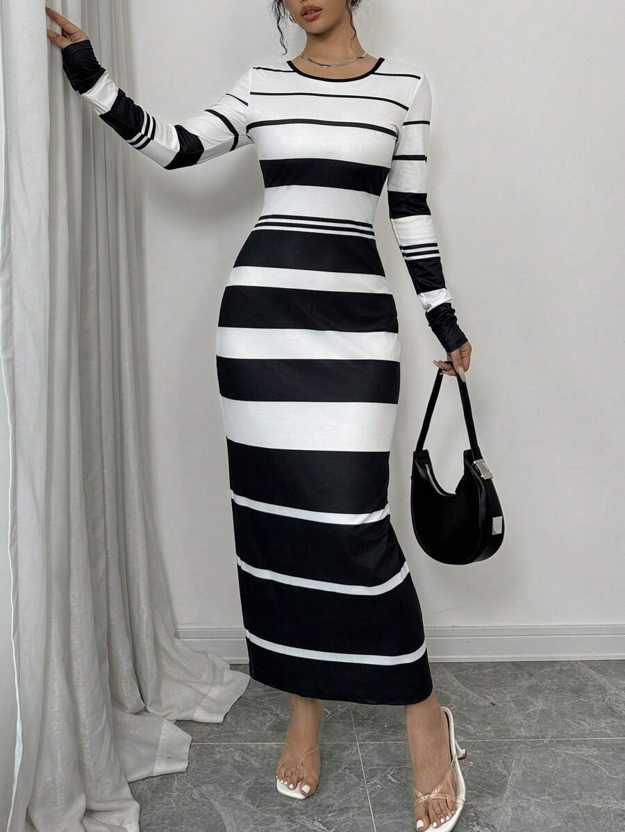 Selianne Vestido midi de punto ajustado de manga larga a rayas elegante para mujer, conjunto de atuendo para mujer - Blanco y Negro - Ver 1