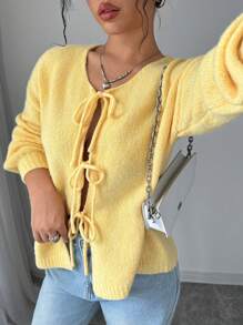EMERY ROSE Women's Round Neck Soft & Sweet Casual Front Tie Design Long Sleeve Cardigan,Long Sleeve Tops Fall Winter Cloth For Women - Yellow - View 5