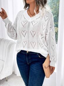 SHEIN LUNE Sweater Rajut Berlubang Leher V Ukuran Besar, Musim Semi, Gugur, Musim Dingin - Putih - View 4