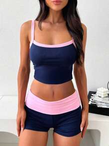INAWLY Contrast Binding Cami Top & Shorts For Summer, Women Clothes - Multicolor - View 5