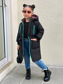 SHEIN Explorewe 1 chiếc áo khoác lông cừu dài ấm áp có mũ trùm đầu phong cách đường phố giản dị màu đen và xanh lá cây cho bé gái, mùa đông - màu đen - Xem 3